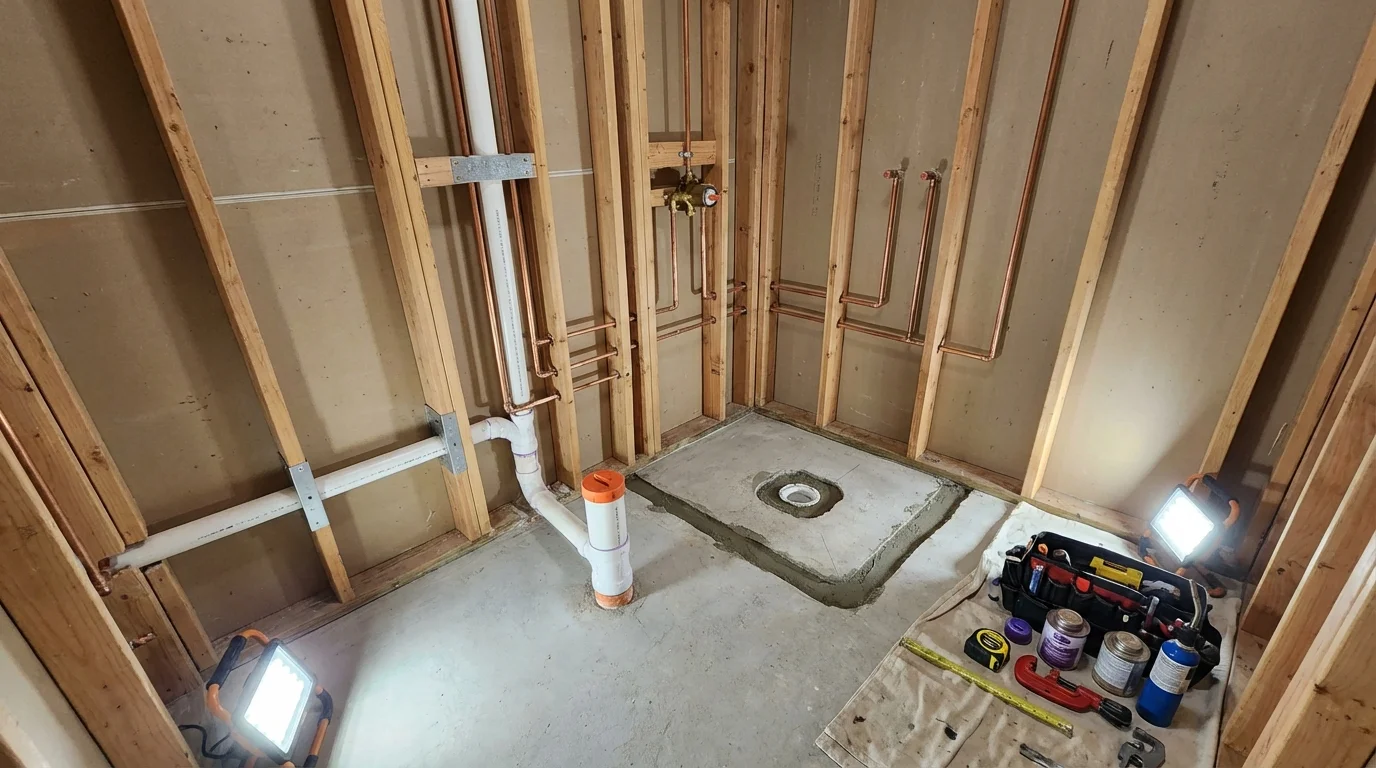 Bathroom rough-in plumbing during remodel by Johns Plumbing LLC in Ferrisburgh