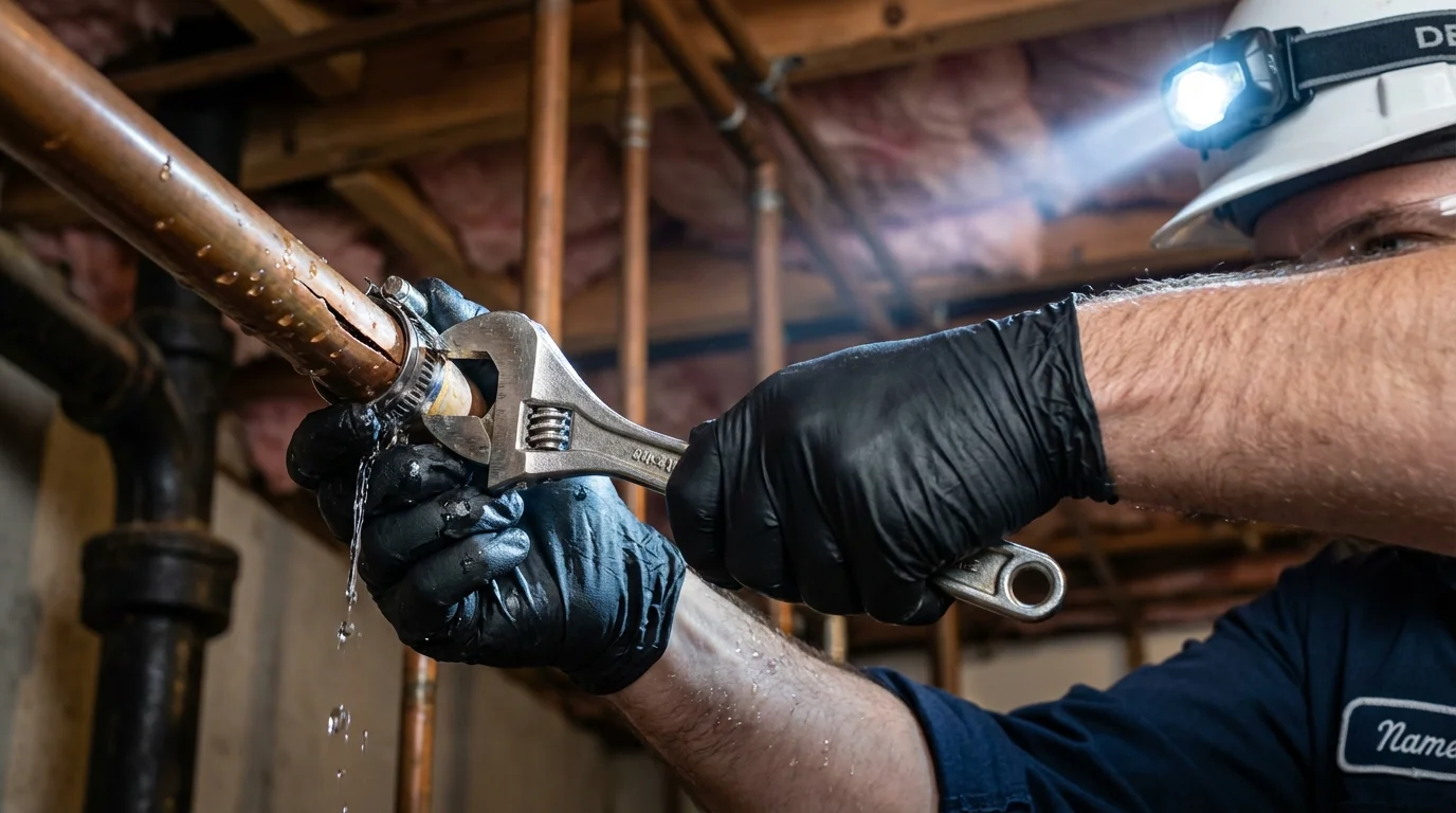 Emergency pipe clamp repair being performed by a Johns Plumbing LLC plumber in Ferrisburgh