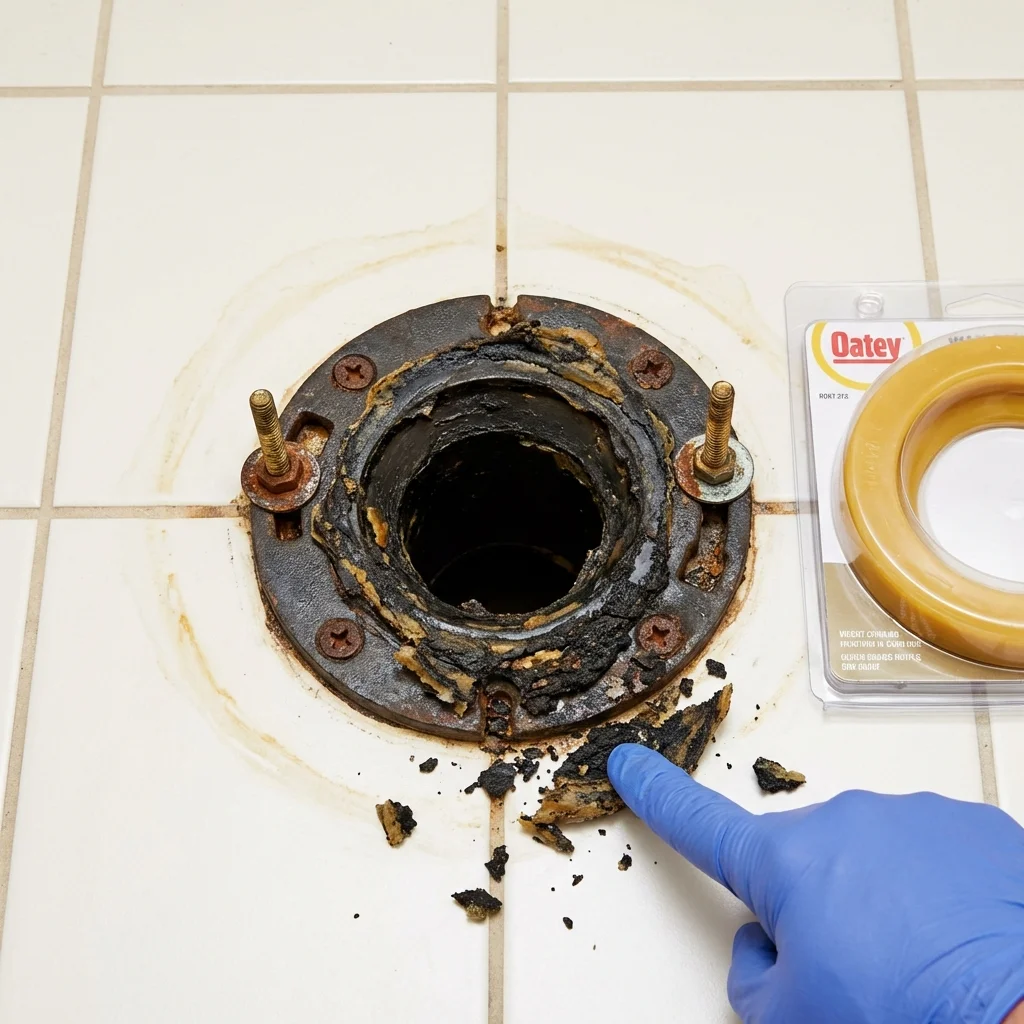 Failed wax ring showing water seepage at the base of a toilet in a Ferrisburgh, VT home