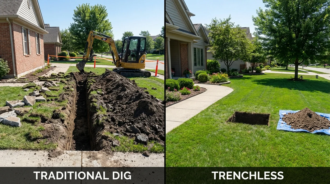 Trenchless sewer repair with minimal yard damage versus traditional excavation in Ferrisburgh, VT
